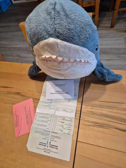 Ein Blahaj Plüschhai sitzt an einem Holztisch und füllt Briefwahlunterlagen aus.