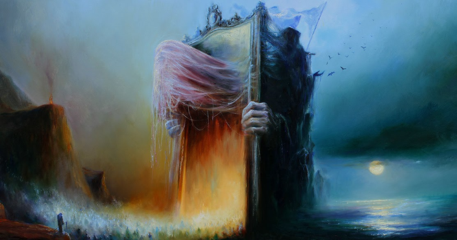 Artwork for Mirror Reaper by band 'Bell Witch'.

It's like a giant frame of a mirror that many minuscule people are walking into. Ghostly phantom shapes are forming on the front and back of the mirror. It;s very spooky and evocative.