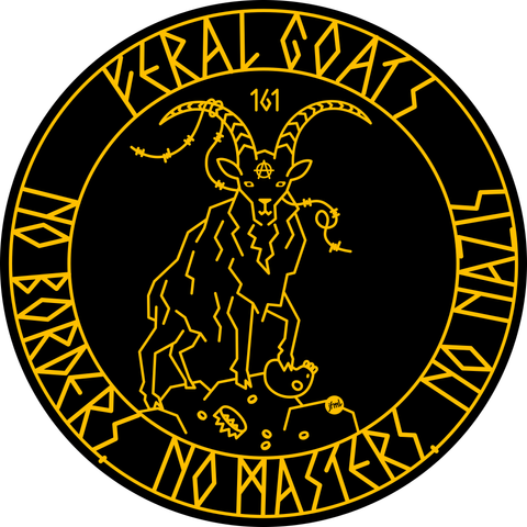 A simplified line-drawing in gold on black of a goat on a pile of rocks. It has one hoof on a human skull that has lost it's crown, coins are shattered around the rocks. The goat has a piece of barbed wire tangled in it's horn, on it's forehead is the „Anarchy is order“ letter A and between it's horns 161. Above the drawing it says „Feral Goats“ in a faux rune type and below it „No borders, no masters, no nazis“.