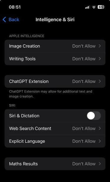 Settings > Screen Time > Content & Privacy Restrictions. Enjoy disabling Apple Intelligence & Siri.