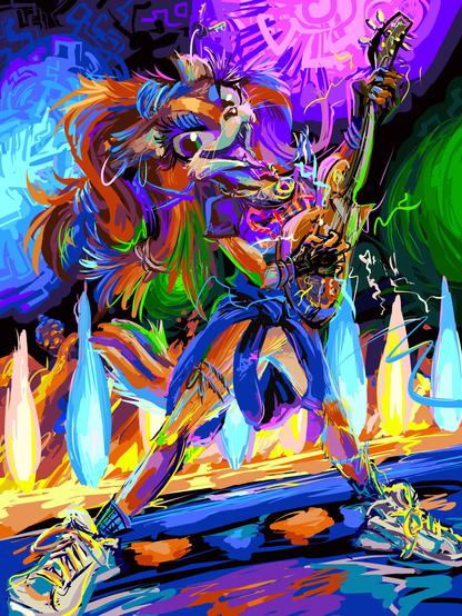 brown-furred humanoid creature of non-specific species connection, holding an electric guitar, wearing a t-shirt that says "Styx," in front of strange multicolored shapes, and also orange and blue flames