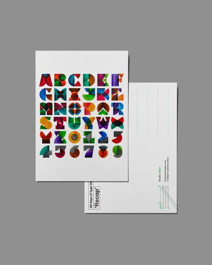 Front and back of the two postcards. 
Front: Overview of the alphabets I created for 36 days of type (2021). 
Back: Information, my logo, and additional details.