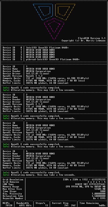 FluidX3D benchmark running on 4x H100 SXM5 GPUs