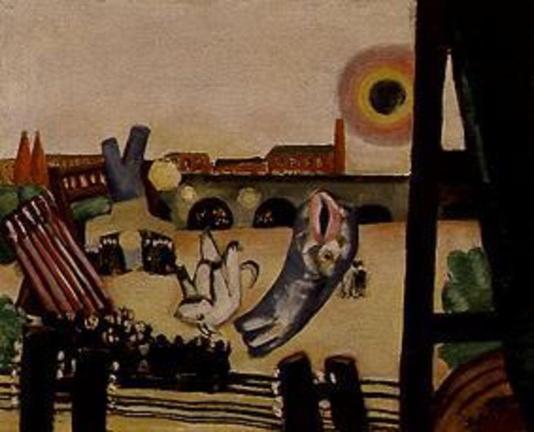 A surreal landscape featuring a crowd of figures in the foreground, with abstract fish and a bridge in the background. The sky displays a circular sun or celestial body, and various structures evoke an imaginative cityscape.