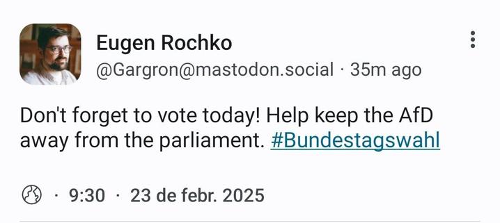 Toot de Rochko (alemany) on demana mantenir AfD fora del parlament.