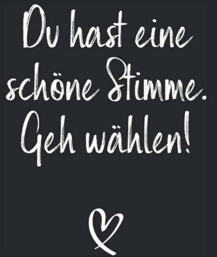 Eine Kachel mit dem Satz: "Du hast eine schöne Stimme, geh wählen!" Darunter ein Herz