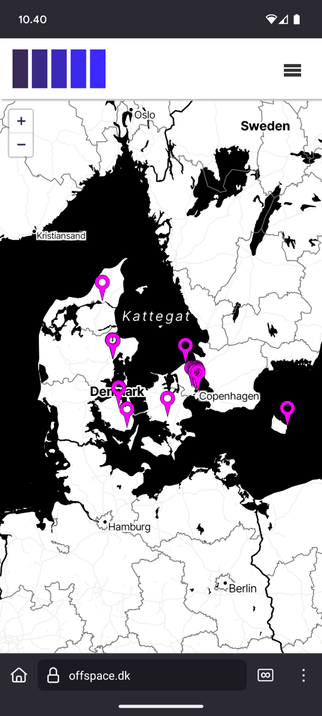 mobile preview of the website offspace.dk showing a map of danish project rooms / art spaces