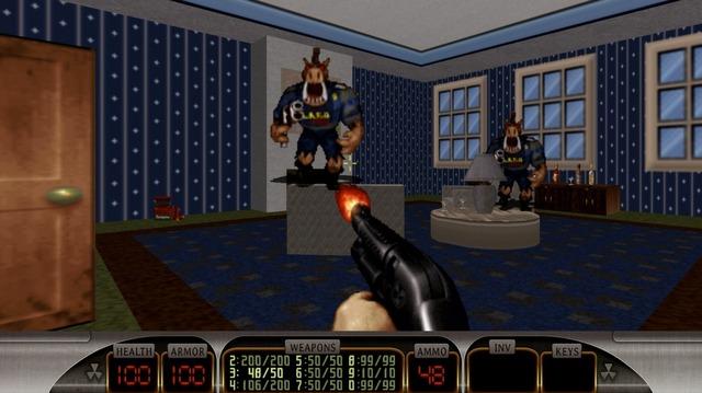 🕶️ An FPS view where the player fires (with a rifle) on an alien in what seems to be a living room

📚️ Duke Nukem 3D is an FPS from the 90s, whose charismatic main character tries to eradicate the aliens that have invaded his city. Raze is a fork of the EDuke32 engine using technologies from the GZDoom, EDuke32, PCExhumed, NBlood, and RedNukem engines, making it compatible with data from Blood, Duke Nukem 3D, NAM, PowerSlave, Redneck Rampage series of games (including the Redneck Rampage: Rides Again DLC), Shadow Warrior, and World War II GI.