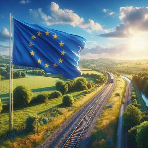 KI-generiertes Bild einer grünen Landschaft mit Wiesen und Bäumen. Mittig führt eine eingleisige Bahntrasse hindurch. In der Ferne nähert sich ein Personenzug. Im Vordergrund auf der linken Bildseite steht ein Fahnenmast mit einer überdimensionalen Europaflagge.