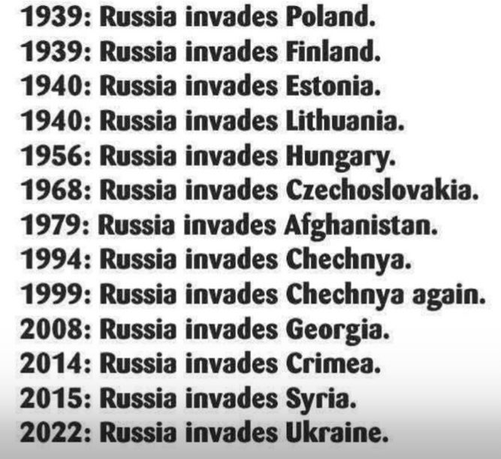 List of countries Russian has invaded since 1939. Poland, Finland, Estonia, Lithuania, Hungary, Czechoslovakia, Afghanistan, Chechnya (2x), Georgia, Crimea, Syria, Ukraine.