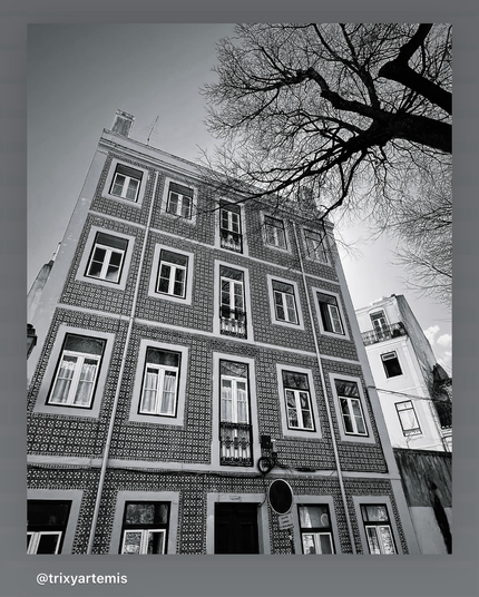 Black and white photo of a Portuguese house with a tiled exterior. The tiles, while colorless in the photo, showcase intricate patterns that create a captivating, checkerboard-like design. Large windows are framed with delicate, ornate details, and the entrance is highlighted by a charming wooden door at the centre.