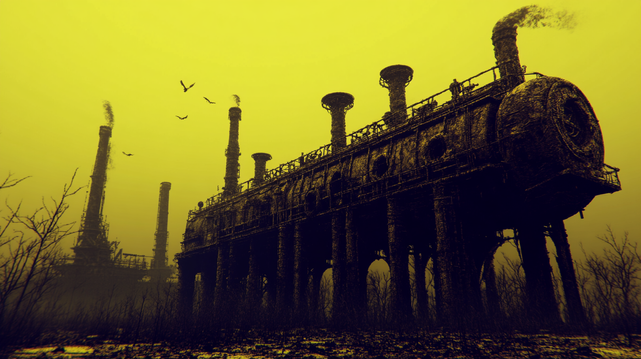 L'Âge du Carbone.
Une structure industrielle monumentale, mi-locomotive mi-usine, se dresse dans un paysage désolé sous un ciel jaune toxique. Des cheminées crachent une fumée sombre tandis que des corbeaux planent au-dessus, accentuant l’atmosphère oppressante et post-apocalyptique.
A monumental industrial structure, part locomotive, part factory, rises in a desolate landscape under a toxic yellow sky. Chimneys spew dark smoke while crows circle above, enhancing the oppressive and post-apocalyptic atmosphere.