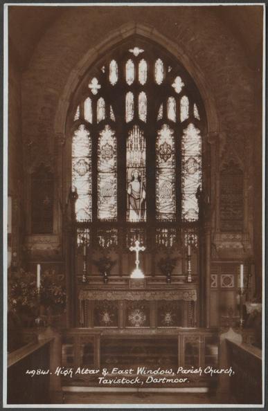 Sepia real photographic postcard showing a view of the high altar and east window of St Eustachius' Church at Tavistock on Dartmoor, Devon.
Published by E.A. Sweetman & Son Ltd, Tunbridge Wells, No 49841, c.1950.
Postally unused, but with message.
Very good condition, with very slight corner bumps, but slight linear impression to right centre.