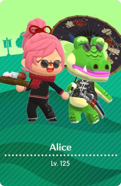 My Camper Card for Animal Crossing Pocket Camp. Me and Drago are looking like we stepped out of a Chinese-inspired version of The Matrix, both wearing black silk clothes with fine white embroidery, as well as little round black sunglasses. I’m carrying a spring tea set, and he’s carrying a black paper umbrella. And he has two swords fastened to his hip, because cool!!