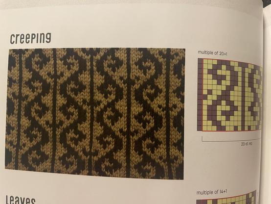 Portion of a page from the “AlterKnitch stitch dictionary” book showing a knitted swatch and chart of the pattern titled “creeping”. The pattern is stylised curling vertical vines.