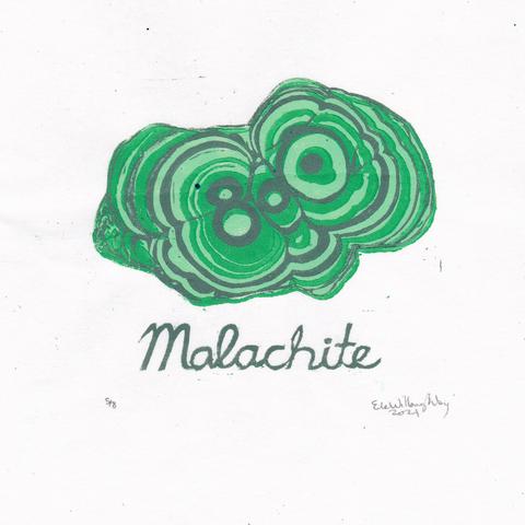 As described this is my lino block print of the beautiful green mineral malachite. Each print is made from three blocks in three shades of green on Japanese kozo or mulberry paper 8” by 8” (20.3 cm by 20.3 cm). When this opaque, green-banded mineral crystallizes in  stalagmitic masses, it results in concentric rings of varying green bands. This sample is a bulbous irregular shape cut in cross-section so you can see the concentric rings of various parts of circular shapes squashed together in varying series of pale minty green, bright grass green and dark khaki green. The word “Malachite” in script appears below the mineral.