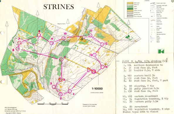1:10000 scribed orienteering map - very clear, of a runnable forest with two steep sided valleys in the middle of the area. There is a remarked course from a relay event.  Drawn by Vic Roberts.  Typical of the style of mapping further north in Yorkshire at the time.