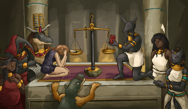 Depiction of the weighing of the heart from Kemetic texts, showing a woman distressed over having her heart weighed against the feather of Ma'at while Ammit, Hathor, Thoth, Sobek, Ma'at, and Bast watch.