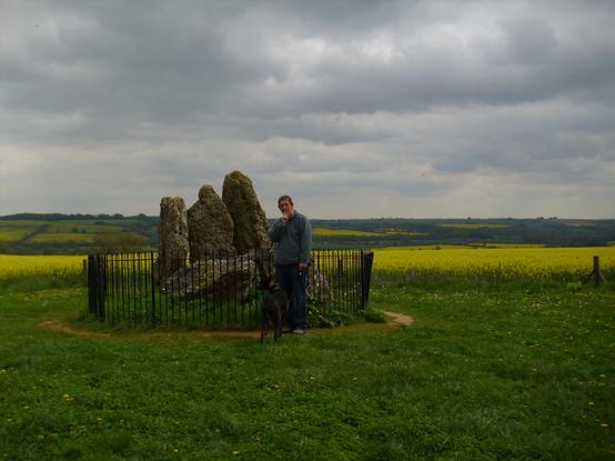 A man stands next to a cluster of large stones enclosed by a black fence, with a dog beside him. The background features rolling green hills and a vibrant yellow field under a cloudy sky.