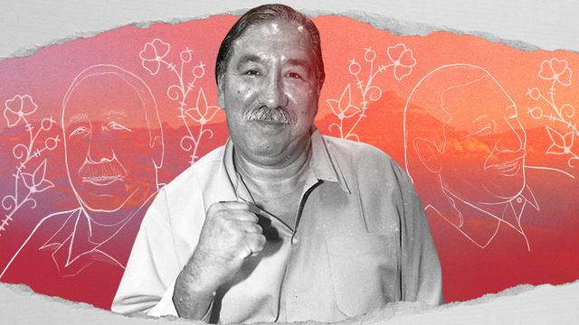 Sharepic, das  Leonard Peltier mit geballter Faust zeigt.