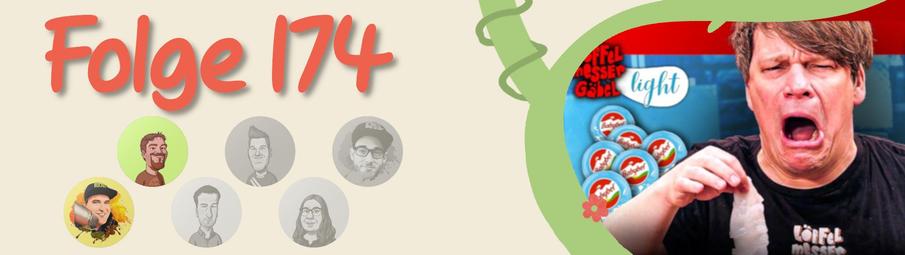 Links im Bild: "Folge 174". Darunter sind die Caster*innen zu sehen, wobei die, die in dieser Ausgabe nicht dabei sind, ausgegraut sind. Rechte Seite: Vorschaubild zu "Löffel, Messer, Gäbel"