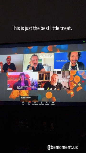 Instagram Story with a photo of a screen showing Con, Samba, Vico, Kristian and a sign language interpreter on a video call. Text above the photo reads: ‘This is just the best little treat.’ Tagged accounts: ONeill.Con, SambaSchutte, PuertoRicaNinja (Vico), KristianNairn, BeMoment.us.