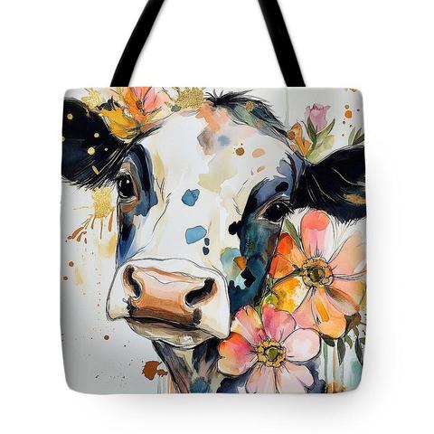 An art print of a cute cow with spring flowers displayed on a tote bag. Art by Lisa S Baker.