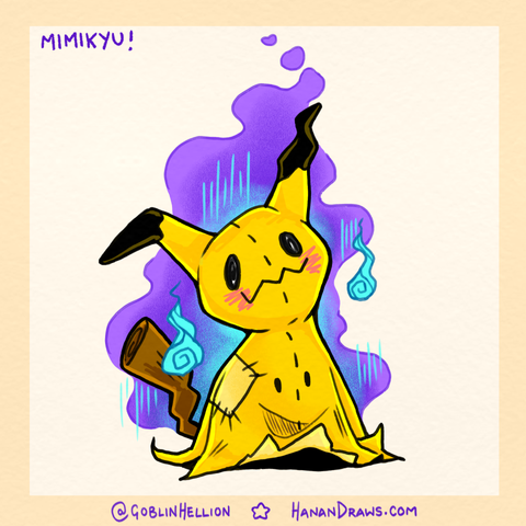 A tattoo design of the Pokemon Mimikyu! They sit front and centre, a bit crumpled, with a gloom cloud behind them, and little fire/spirit/wisps next to them. It's vibrant and cute and hopeful regardless!