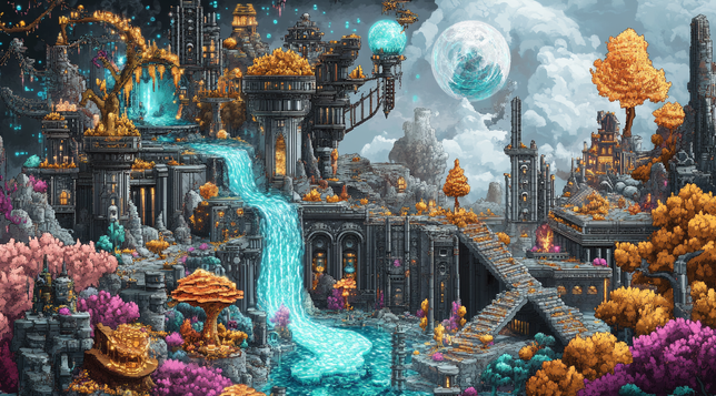 Ruines Célestes
Une cité fantastique en ruines, baignée de lumières mystiques et de cascades lumineuses sous une lune imposante.
A ruined fantasy city, bathed in mystical lights and glowing waterfalls beneath a towering moon.