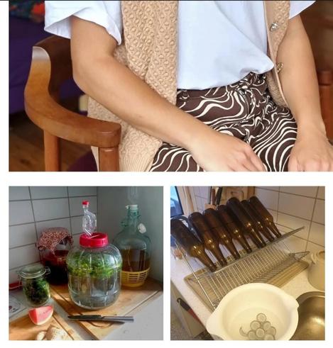A tryptich:
- The bust of someone sitting with white tee shirt and brown trousers.
- A fermentation crock on a kitchen counter
- Some beer bottles drying on a rack by a sink