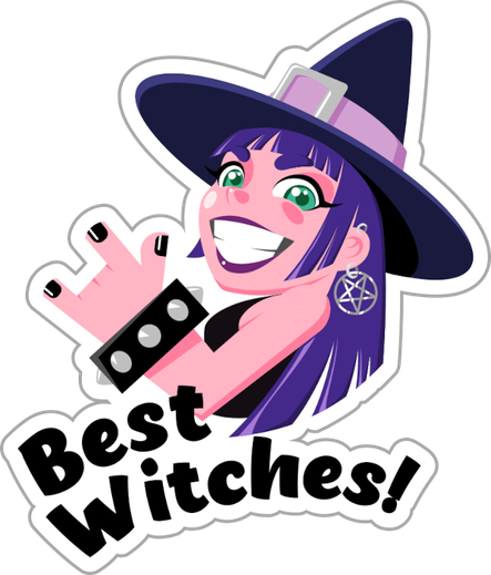 Ilustración vectorial de una bruja haciendo cuernos con una mano y bajo la que hay escrito la fase "Best Witches!"
//
Vector illustration of a witch doing the sign of the horns with her hand. Under her, there is a text that says "Best Witches!"