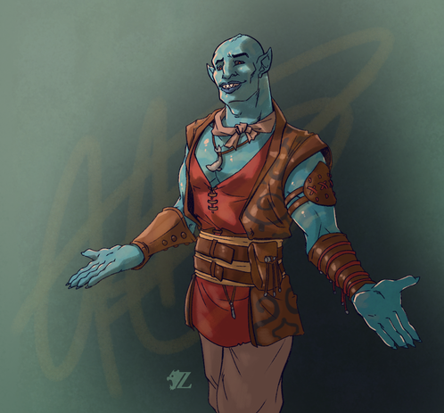 Kai, an aumaua from the "Pillars of Eternity" franchise. He is a tall and muscular blue-skinned humanoid with pointed ears and sharp, shark-like teeth. He stands tall, arms spread out with hands palm-up in a welcoming gesture as he smiles. He wears a tan kerchief around his neck, a whale-shaped stone pendant resting on his chest. He has a red tunic as well as a long leather vest with spiraling patterns on it, with simple tan pants on his legs, finishing the look with leather gauntlets on his forearms.