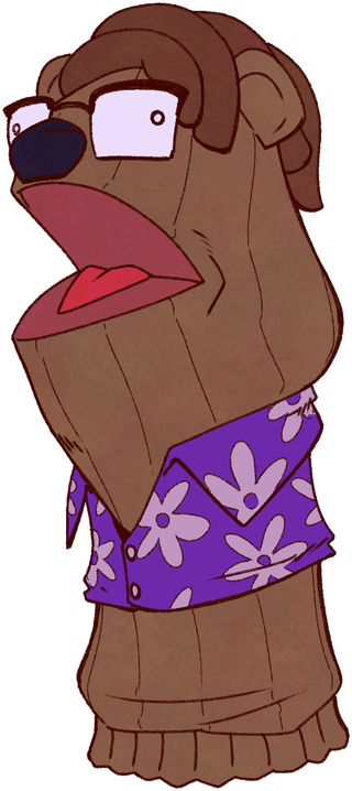 Sinn, a male anthropomorphic hybrid capybara/bear, has been turned into a sock puppet. He is mostly brown in color, with thick dark brown yarn for the hair, glasses with the eyes going in separate directions, and a collared purple floral shirt around the middle of the sock puppet.