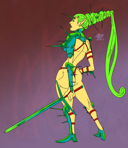 An unnamed female elf in the style of the scantily-clad women warriors of pulp science-fiction and fantasy novels. She has bright yellow skin and brighter neon green hair tied into a sideways beehive with a long lock draped from the end of it. She wears bits of iridescent armor on her neck, shoulders, breasts, forearms, and shins, the colors ranging from green to blue like that of a beetle. She finally holds a long sword with a wide guard, made of the same iridescent metal.
