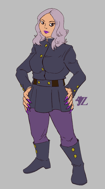 A fanart of drag queen Jujubee, but wearing a costume in the style of the manga and anime "Jujutsu Kaisen." She wears a high-cut school jacket with three gold buttons down the breast and two buttons on either cuff. She also wears a short pleated skirt with a pair of violet leggings beneath them, ending in a pair of knee-high leather boots, both fastened by a pair of the gold buttons seen in the jacket. She has long lavender hair with a part in the middle, both sides flowing down the sides of her face.