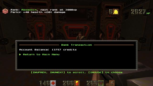 A Quake 2 screenshot. View is from the player standing on front of a female marine at a booth who has several Strogg-themed expensive-looking server stacks behind her. Aside from the standard Quake 2 HUD, a section in the top left corner shows my rank to be "Assassin" with a plus-40 health and plus-20 damage boost. The top right shows a coin counter—currently at zero—and an experience point counter, currently at 2027 XP. A dialogue box is open in the lower half of the screenshot, titled "Bank Transaction", listing my account balance as 13757 credits. An option to return to the main menu is offered below the total.