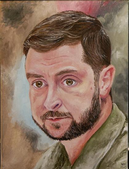 An oil painting of Volodymyr Zelenskyy, the president of Ukraine.