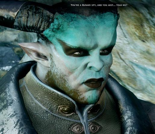 Closeup of a Qunari, a humanoid with large horns and pointy ears. They have light teal face paint in the shape of an upside down triangle, with stark black eye shadow, dark lips, and dark stubble. 

Caption text: You're a Qunari spy, and you just... Told me?