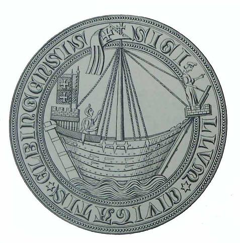 sigil of hanseatic city of Elbing (today Elbląg, Poland), depicting merchant ship sailing under city flag. Text: SIGILLVM CIVTATIS ELBINGENSIS