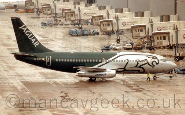 Side view of a green and grey, twin engined jet airliner facing to the right but being pushed back to the left by an out of frame tug attached to the nosewheel by a long, thin, blue pole.
The planes rear fuselage and tail are a dark green, with grey "Jaguar" titles diagonally on the tail.
The forward fuselage is a metallic grey, with the outline of a leaping big cat, quite possibly a Jaguar, coming forwards from the middle of the wings.
The engine pods are the same metallic grey, and have dark green "RyanAir" titles.
The registration "EI-CJE" is on the rear fuserlage, also in a metallic grey.
A man wearing a hi-viz jacket can be seen walking alongside the nose of the plane.
Wet, grey concrete apron fills most of the frame, with white airbridges bearing a "Manchester Airport" logo hanging off the side of a grey terminal building on the top right.