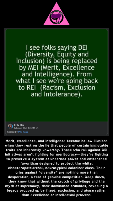 Black background. Centered at the top is the Fantifa symbol inside of an upright pink triangle.

Below it is a screenshot of a Facebook post by Evita Ellis posted February 19 at 4:35 PM. The post states "Shared by Phil Ross" with an image of light green text on a dark green background. "I see folks saying DEI (Diversity, Equity and Inclusion) is being replaced by MEI (Merit, Excellence and Intelligence). From what I can see we're going back to REI (Racism, Exclusion and Intolerance).

Below the screenshot is white text against the black background: "Merit, excellence, and intelligence become hollow illusions when they rest on the lie that people of certain immutable traits are inherently unworthy. Those who rail against DEI initiatives aren’t fighting for meritocracy—they’re fighting to preserve a system of unearned power and entrenched favoritism designed to protect the white, cisheteropatriarchal, neurotypical colonizer class. Their cries against "diversity" are nothing more than desperation, a fear of genuine competition. Deep down, they know that without the crutch of privilege and the myth of supremacy, their dominance crumbles, revealing a legacy propped up by fraud, exclusion, and abuse rather than excellence or intellectual prowess."