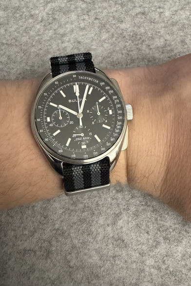 Bulova Chronograph watch on a black and grey nato strap