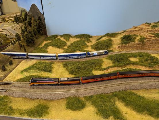 A Southern Pacific Daylight meets an Amtrak Surfliner