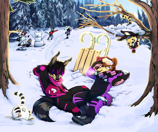 Kuraiko the black tiger hybrid and Sascha the bearkitty after they crashed with their sled with their plushies.
Kurai is trying to shake snow out of his hood and collar, while Sascha is wiping snow off his face, both a still laughing.
Kuraiko's tiger plushie Minoru ended up buried in the snow with his tail sticking out. Sascha's lynx plushie Sammy ended up in a tree branch, covered with snow.
Both Kuraiko and Sascha are wearing thick snowsuits and boots. Kuraiko's is black and hot pink, Sascha's is black and purple and both are showing telltale signs of a diaper worn underneath