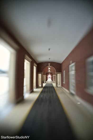 Archways of a brick building stretch out over several hundred feet in a covered, open air walkway in a 1930s arts complex in a state park.