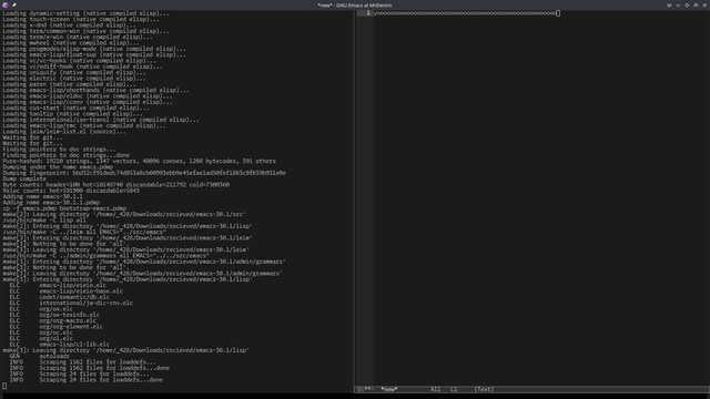 Emacs showing two buffers: one is the terminal output from a currently compiling Emacs, the other says "yoooooooooooooo"