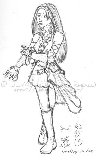 A scan of a pencil sketch in a sketchbook, of the character Lenne from Final Fanasty X-2. She's standing reaching toward something before her and to her right, looking sad. She wears her pop-star dress from the game.