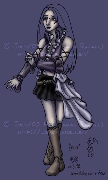 A WIP image of the line-art in the process of being coloured in Photoshop. Her dress is coloured in, while her hair is still blank.