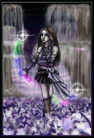 The finished artwork, showing her wandering the Far Plane, a field of purple and white flowers surrounded by waterfalls. She's being circled by pyreflies, colourful lights that represent the souls of people who have died. She's reaching towards one of them.