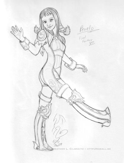 A pencil drawing of Penelo from Final Fantasy XII. She's striding forward confidently with one leg extended, turning her upper body turned toward the viewer with a smile and a wave. She's wearing her signature body suit, long boots, and knee pads, and wears braided pigtails in her hair.